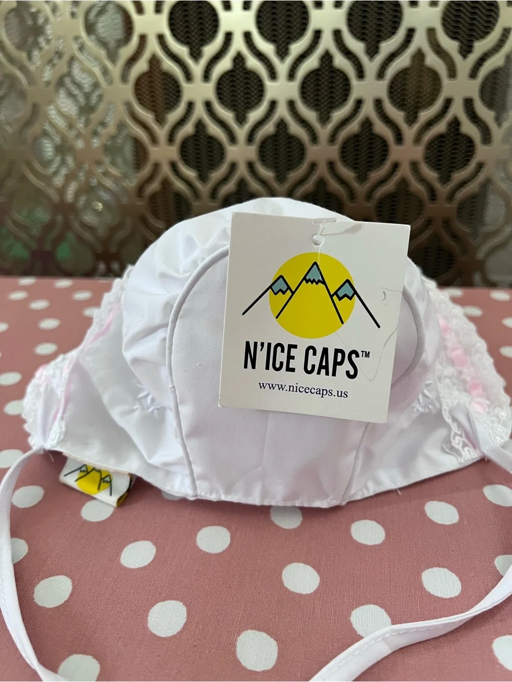 White Baby Bonnet with Pink Ribbon Lace Trim